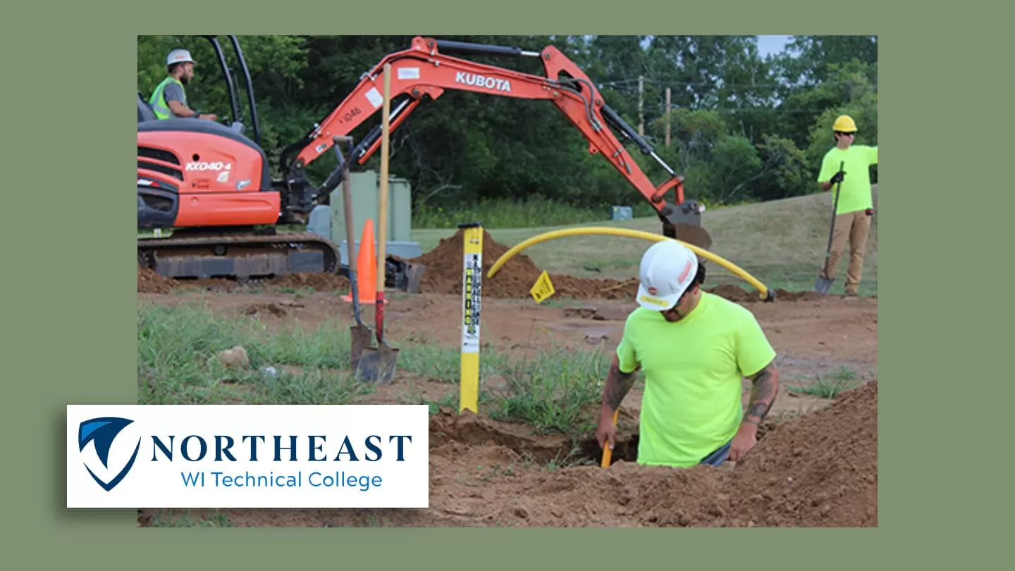 Image of a worker standing in a hole measuring it with the Northeast WI Technical College logo on it
